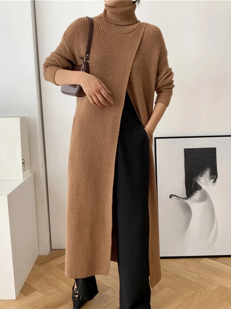 Vent Long Knitting Sweater Loose Fit Turtleneck Long Sleeve Women Pullovers New Fashion Tide Autumn Winter 2025 1DA357