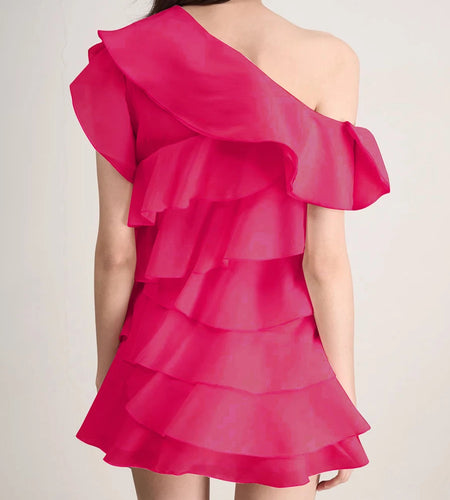 Solid Spliced Ruffles Slimming Dresses For Women Diagonal Collar Sleeveless High Waist Temperament Dress Female New