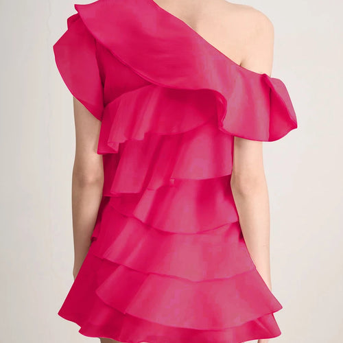 Load image into Gallery viewer, Solid Spliced Ruffles Slimming Dresses For Women Diagonal Collar Sleeveless High Waist Temperament Dress Female New
