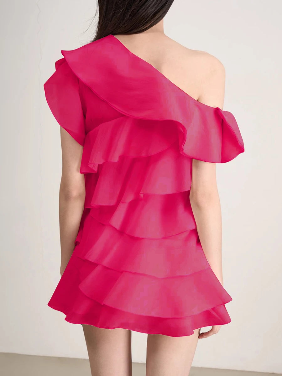 Solid Spliced Ruffles Slimming Dresses For Women Diagonal Collar Sleeveless High Waist Temperament Dress Female New