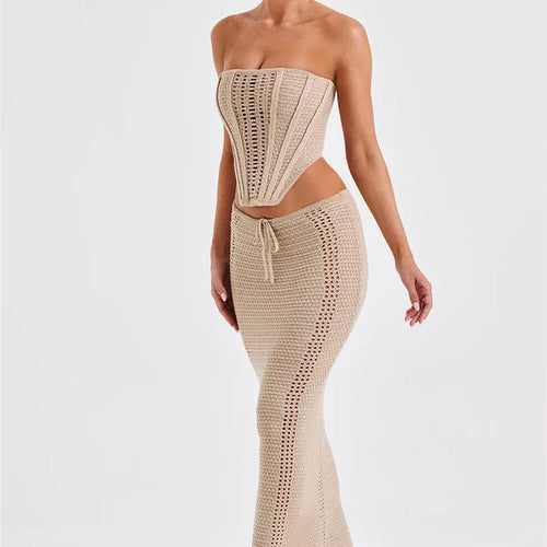 Load image into Gallery viewer, Elegant Knit Skirt Two Piece Sets Women Strapless Bandage Crop Tops And Maxi Skirt Femme Lace Up Sexy Ttwo Piece Sets
