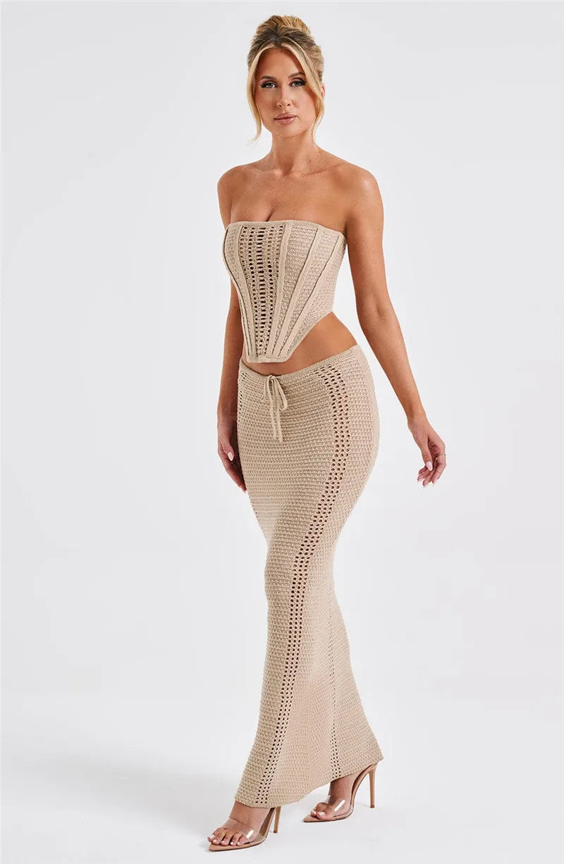 Elegant Knit Skirt Two Piece Sets Women Strapless Bandage Crop Tops And Maxi Skirt Femme Lace Up Sexy Ttwo Piece Sets