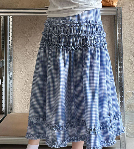 High Elastic Waist Blue Plaid Ruffles Elegant A-line Half-body Skirt Women Fashion Tide New Spring Autumn 2025 1DJ1023