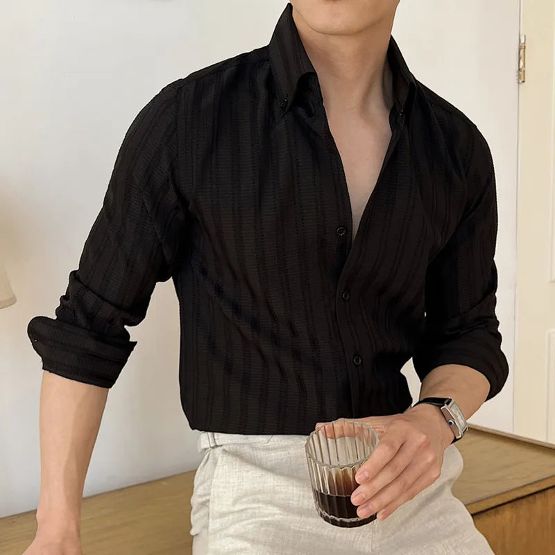 Men's New Spring Shirts Korean Striped Design Loose Long Sleeve Male Clothing Casual Single Breasted Fashion Menwear 9W1576