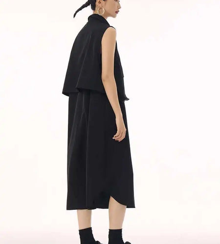 Women Black Shaped Pockets Big Size Midi Shirt Vest Dress New Lapel Sleeveless Fashion Tide Spring Autumn 2025 1DH9471