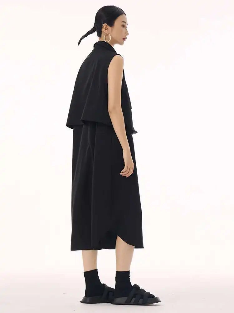 Women Black Shaped Pockets Big Size Midi Shirt Vest Dress New Lapel Sleeveless Fashion Tide Spring Autumn 2025 1DH9471