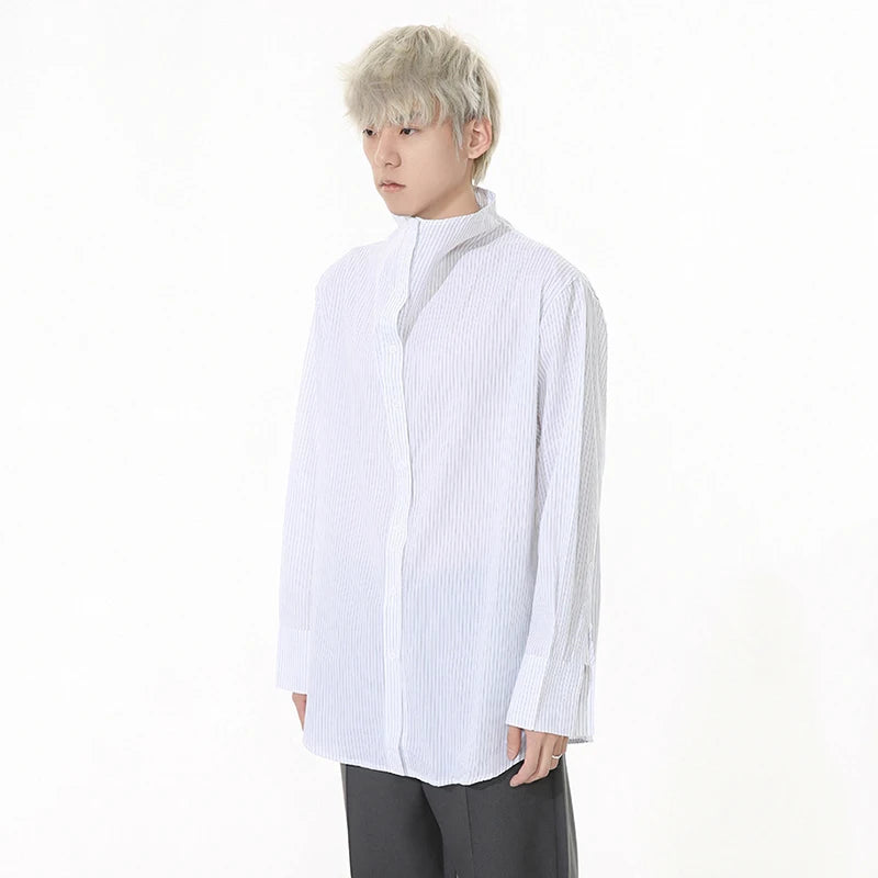 Striped Design Men's Shirts Stand Collar Single Breasted Casual Tops Korean Style Long Sleeve Loose Male Shirt New 9W1261