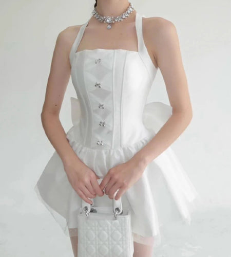 Solid Spliced Bowknot Elegant Mini Dresses for Women Square Neck Sleeveless Patchwork Folds Fashion Dress Female