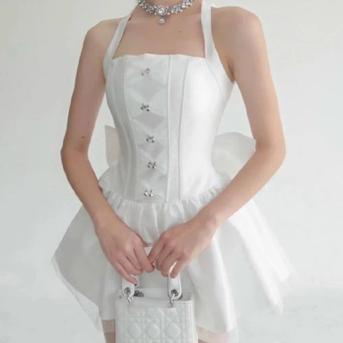 Load image into Gallery viewer, Solid Spliced Bowknot Elegant Mini Dresses for Women Square Neck Sleeveless Patchwork Folds Fashion Dress Female
