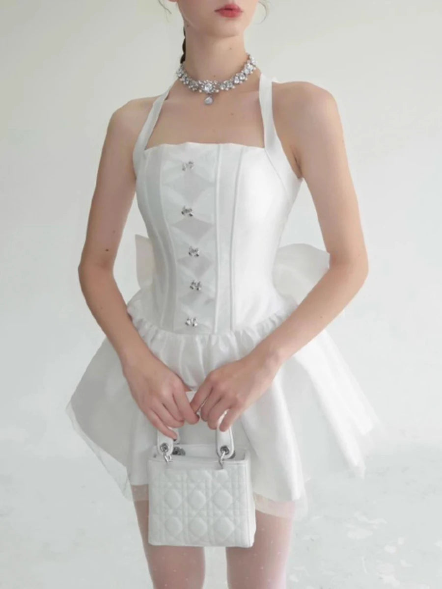 Solid Spliced Bowknot Elegant Mini Dresses for Women Square Neck Sleeveless Patchwork Folds Fashion Dress Female