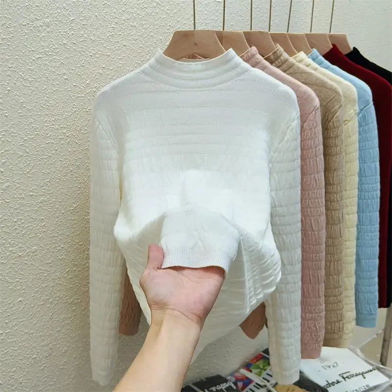 Autumn Winter Korean Fashion Solid Half Height Collar Velvet Knit Sweater Women Warm Long Sleeve Pullovers Tops Casual Popular