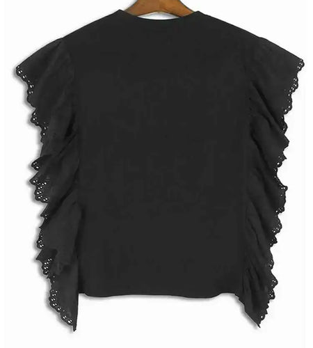 Women Black Ruffles Spliced Big Size Casual T-shirt New Round Neck Short Sleeve Fashion Tide Spring Summer 2025 1DH5010