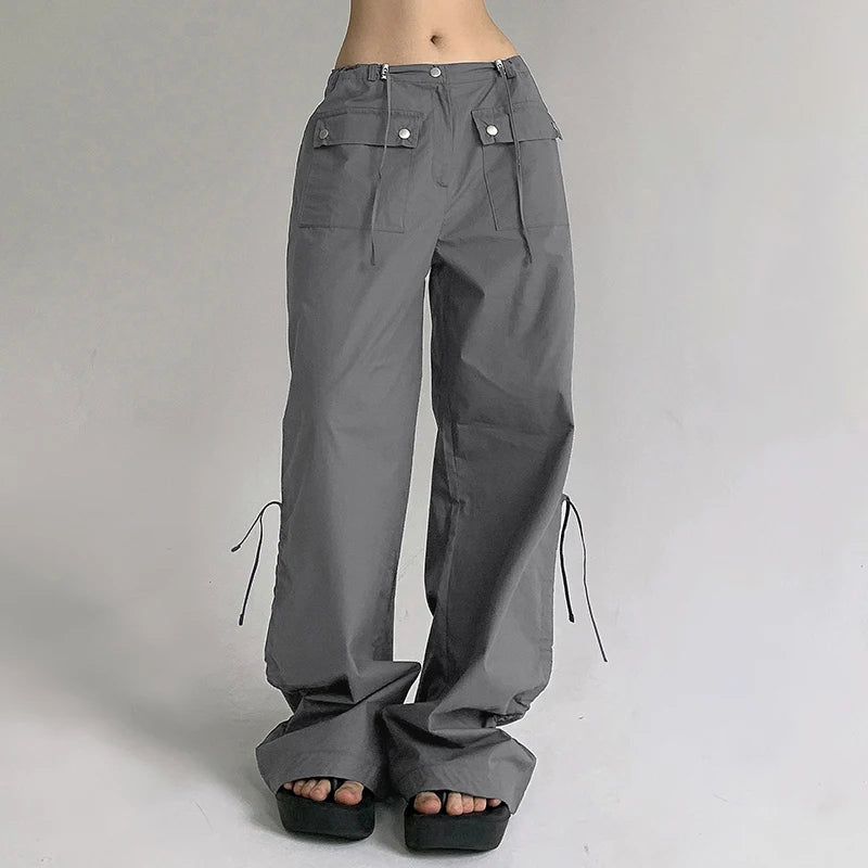 Harajuku Drawstring Women Trousers Low Waisted Solid Casual Shirring Baggy Pants Techwear Korean Straight Leg Bottoms