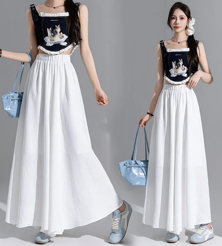 New Spring Summer White Loose Elastic High Waist Wide-leg Pants Casual Fashion Black Pleated Trousers Women Streetwear clothing