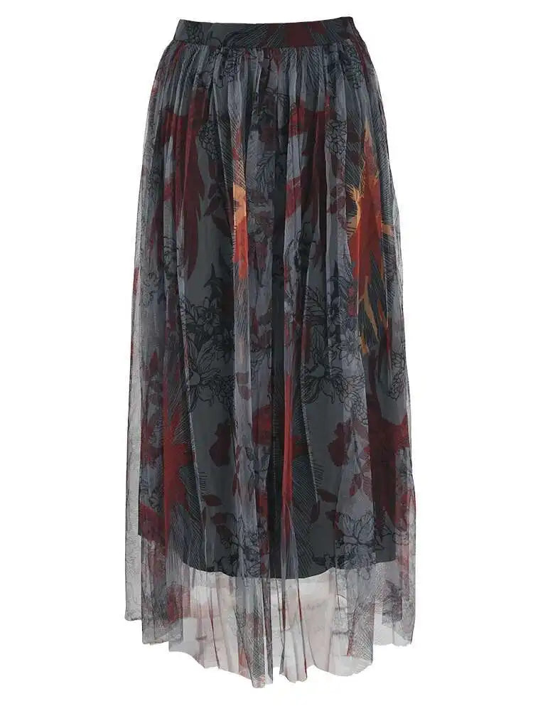 High Waist Black Pattern Printed Mesh Duoble Layers Half-body Skirt Women Fashion Tide New Spring Autumn 2025 2D1323