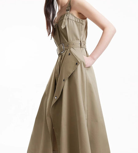 Slimming Spliced Lace Up Fashion Dresses for Women Square Neck Sleeveless Design Sense Dress Female Clothing New