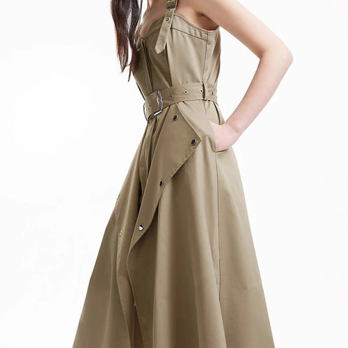 Load image into Gallery viewer, Slimming Spliced Lace Up Fashion Dresses for Women Square Neck Sleeveless Design Sense Dress Female Clothing New
