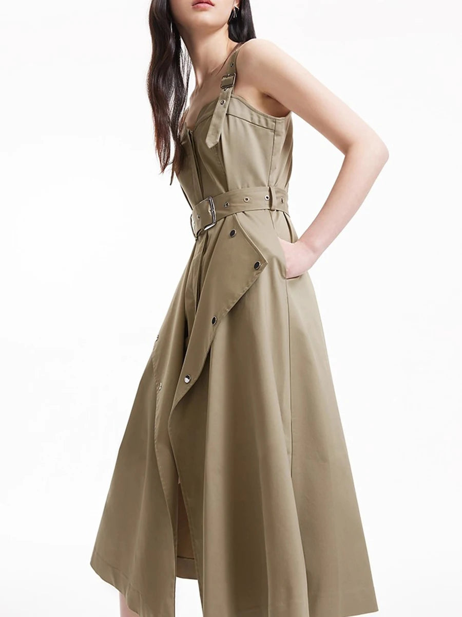 Slimming Spliced Lace Up Fashion Dresses for Women Square Neck Sleeveless Design Sense Dress Female Clothing New