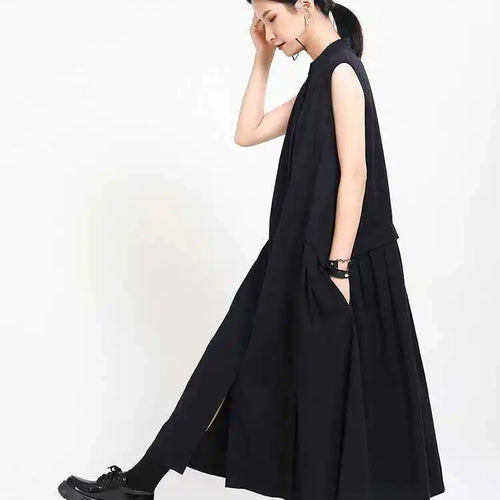 Load image into Gallery viewer, Women Khaki Split Pleated Long  Dress New Stand Collar Sleeveless Loose Fit Fashion Tide Spring Summer 2025 1Y353
