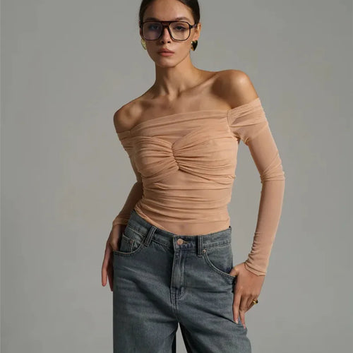 Load image into Gallery viewer, Summer Mesh Off-shoulder T-shirt Women Fashion Pleated Bust Backless Tees Tops Female Elegant Strapless See Through Top
