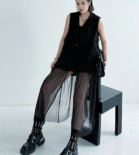 Women Black Singles Breasted Mesh Big Size Midi Vest Dress New Lapel Sleeveless Fashion Tide Spring Autumn 2025 1DJ1041