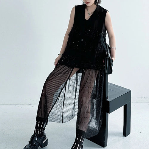 Load image into Gallery viewer, Women Black Singles Breasted Mesh Big Size Midi Vest Dress New Lapel Sleeveless Fashion Tide Spring Autumn 2025 1DJ1041

