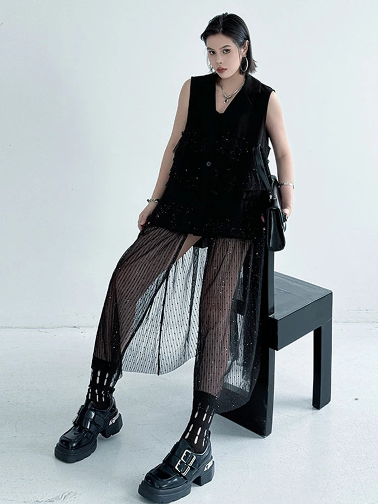 Women Black Singles Breasted Mesh Big Size Midi Vest Dress New Lapel Sleeveless Fashion Tide Spring Autumn 2025 1DJ1041