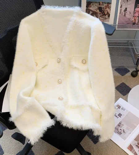 Autumn Winter French White Print V Neck Tassel Elegant Knitted Cardigan Tops Women Single Breasted Long Sleeve Mink Sweater Chic