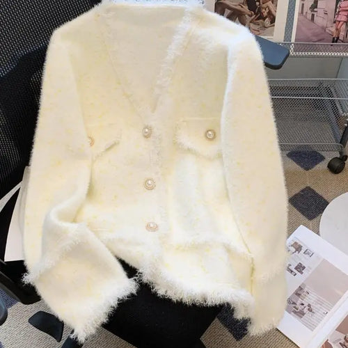 Load image into Gallery viewer, Autumn Winter French White Print V Neck Tassel Elegant Knitted Cardigan Tops Women Single Breasted Long Sleeve Mink Sweater Chic
