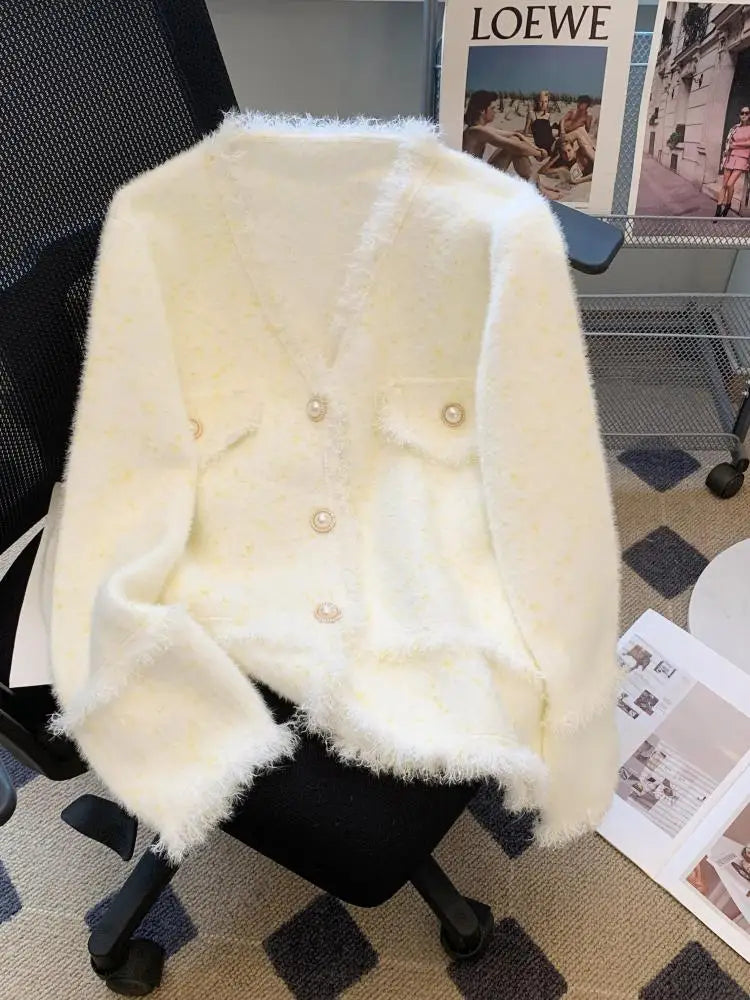 Autumn Winter French White Print V Neck Tassel Elegant Knitted Cardigan Tops Women Single Breasted Long Sleeve Mink Sweater Chic