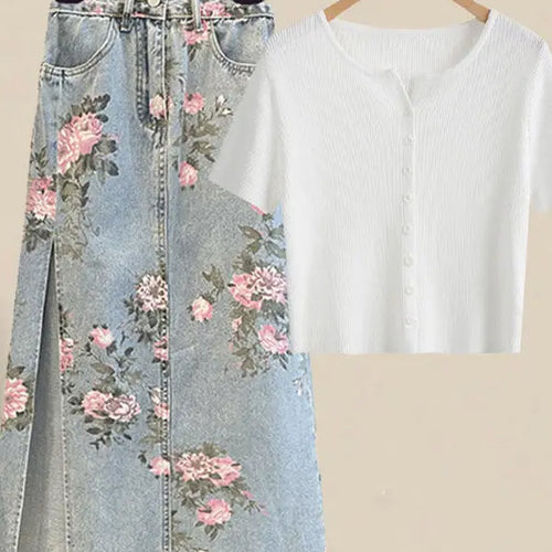 Load image into Gallery viewer, Women Summer Sweet Pink Print Skirts Two Pieces Set Korean Puff Sleeve Bandage Floral Top And Side Split Retro Denim Skirts Sets
