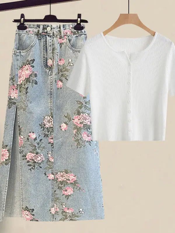Women Summer Sweet Pink Print Skirts Two Pieces Set Korean Puff Sleeve Bandage Floral Top And Side Split Retro Denim Skirts Sets