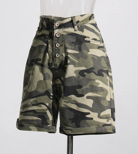 Denim Camouflage Shorts For Women High Waist Patchwork Button Pockets Skinny Folds Short Trousers Female Clothing