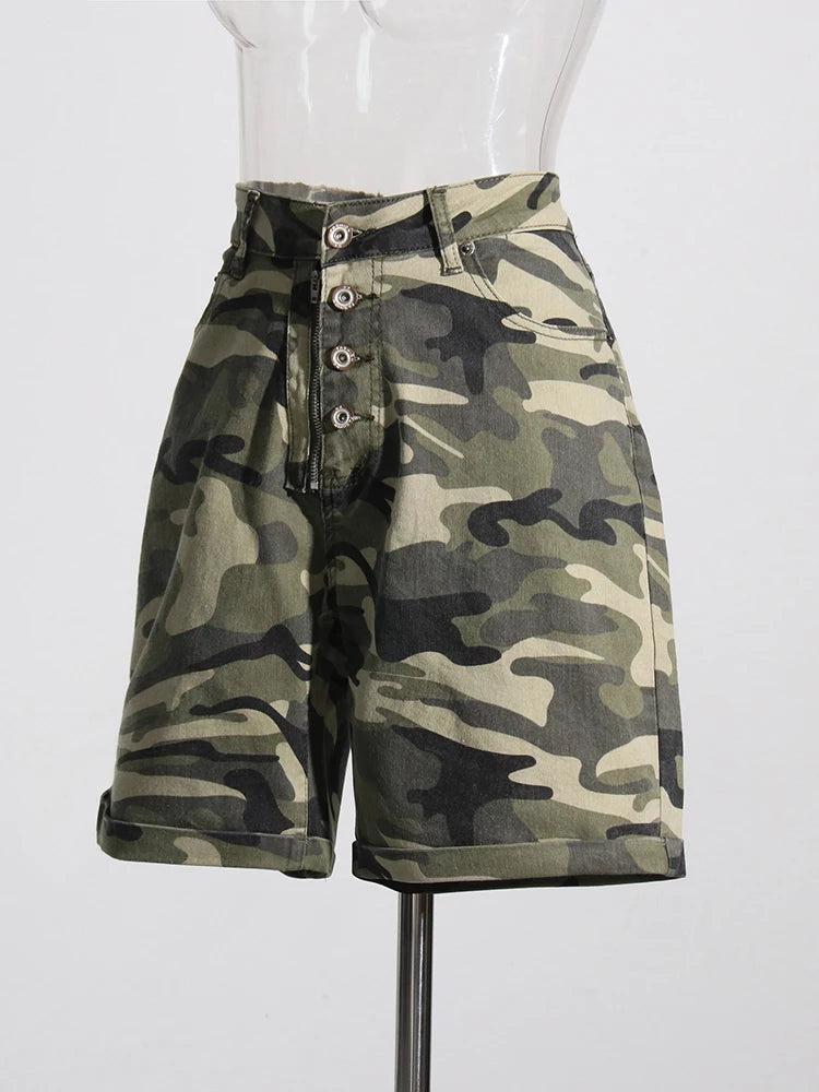 Denim Camouflage Shorts For Women High Waist Patchwork Button Pockets Skinny Folds Short Trousers Female Clothing