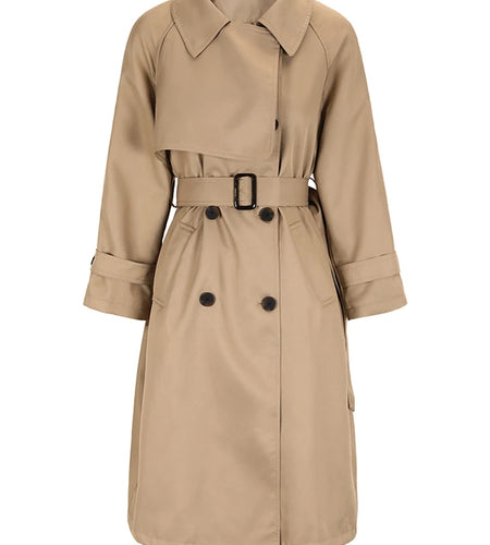Women Khaki Belted Big Size Long Trench New Lapel Long Sleeve Loose Fit Windbreaker Fashion Spring Autumn 2025 CPG0584