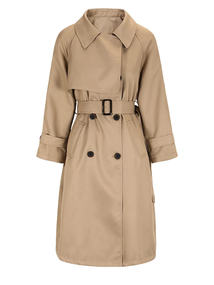 Women Khaki Belted Big Size Long Trench New Lapel Long Sleeve Loose Fit Windbreaker Fashion Spring Autumn 2025 CPG0584