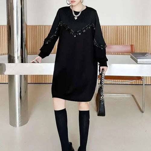Load image into Gallery viewer, Women Black Sequins Big Size Knee-Length Casual Dress New Round Neck Long Sleeve Fashion Tide Spring Autumn 2025 1DH8736
