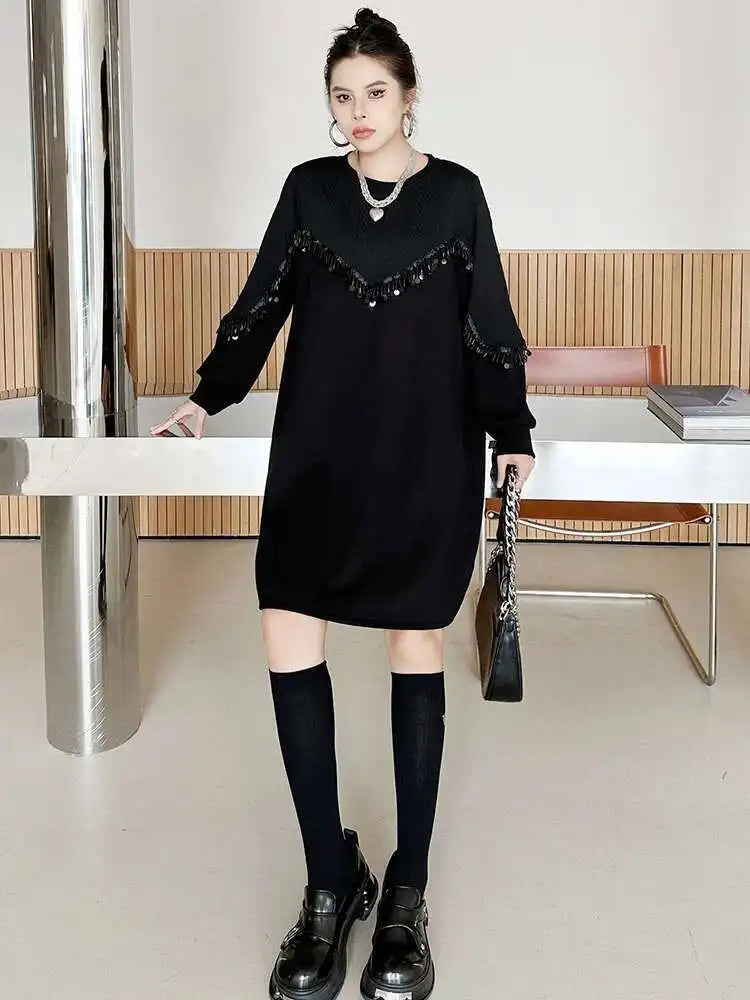 Women Black Sequins Big Size Knee-Length Casual Dress New Round Neck Long Sleeve Fashion Tide Spring Autumn 2025 1DH8736