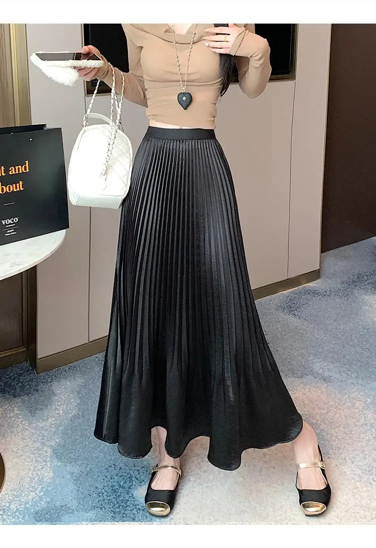 Spring Summer French Fashion Black Beige Elegant Sexy Pleated Long Skirt Women Grey High Waist Festival Slim Skirts 2025 Popular