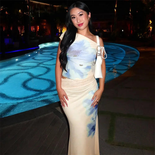 Load image into Gallery viewer, Print Beach Sexy Skirt Two Piece Sets Women Oblique Shoulder Tank Tops And Maxi Skirt Female Club 2 Piece Sets Fashion
