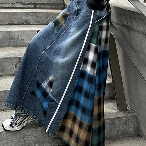 Load image into Gallery viewer, High Elastic Waist Blue Back Plaid Denim Long A-line Half-body Skirt Women Fashion Tide New Spring Autumn 2025 1DH8117
