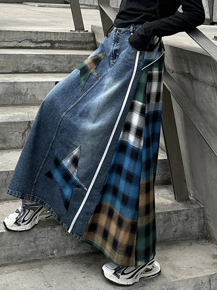 High Elastic Waist Blue Back Plaid Denim Long A-line Half-body Skirt Women Fashion Tide New Spring Autumn 2025 1DH8117