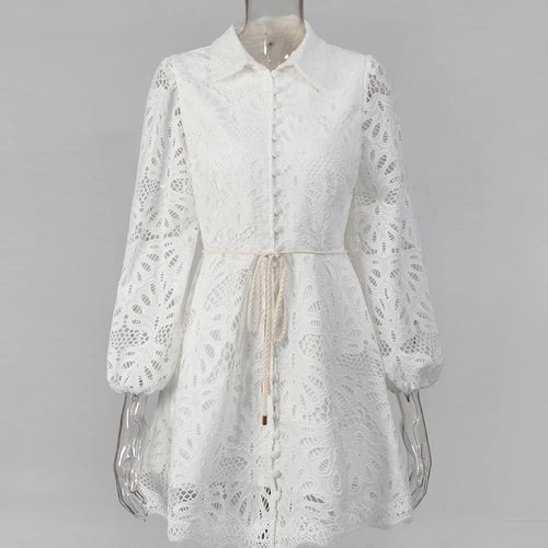 Load image into Gallery viewer, Hollow Out Spliced Lace Up Fashion Dresses for Women Lapel Long Sleeves Patchwork Single Breasted Dress Female New
