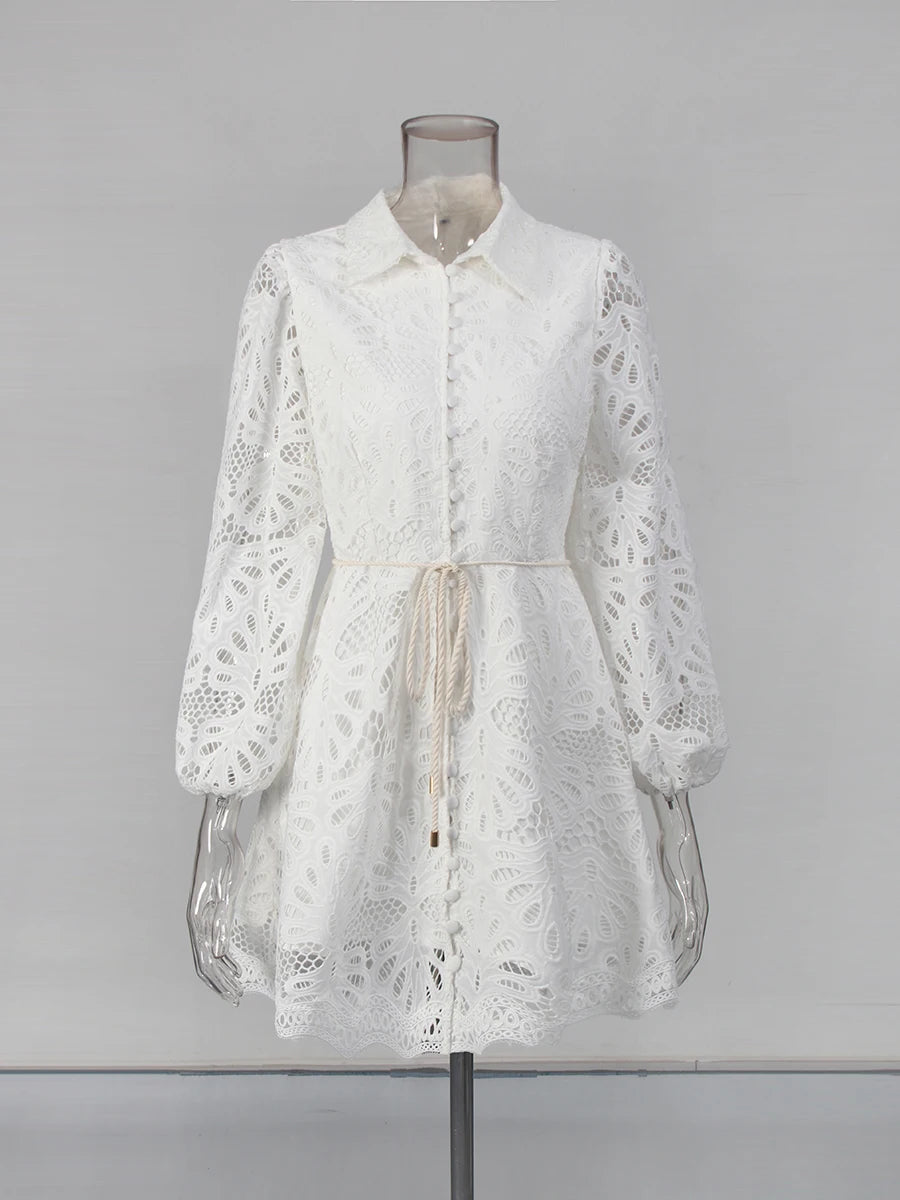 Hollow Out Spliced Lace Up Fashion Dresses for Women Lapel Long Sleeves Patchwork Single Breasted Dress Female New