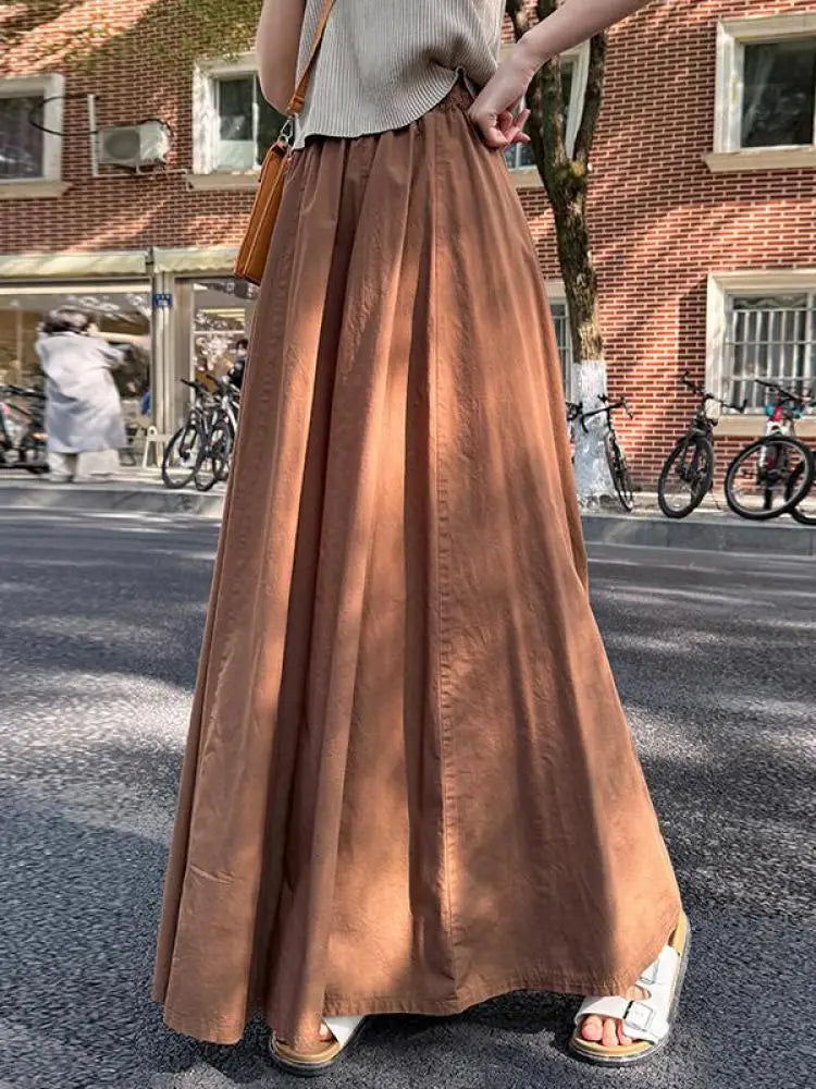 Spring Summer Women Black White Elegant Oversized Long Skirt French Fashion Brown High Waist Vacation Pleated Half Skirt Popular