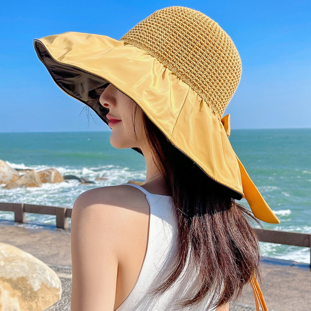 Summer Hats For Women Fashion Polka Dots  Bow Tie Design Straw Hat High Quality Sun Protection Sun Hat Travel Beach Hat