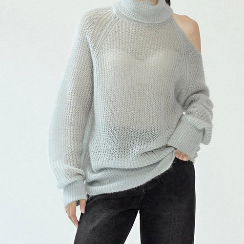 Load image into Gallery viewer, Solid Casual Knitting Sweaters For Women Turtleneck Long Sleeve Cold Shoulder Loose Pullover Sweater Female
