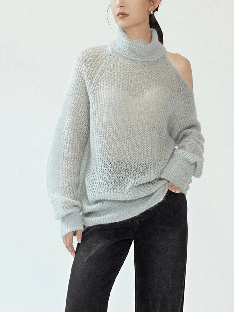 Solid Casual Knitting Sweaters For Women Turtleneck Long Sleeve Cold Shoulder Loose Pullover Sweater Female