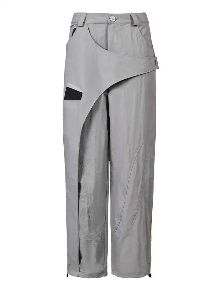 High Waist Gray Irregular Color-block Zipper Pants New Loose Fit Trousers Women Fashion Tide Spring Summer 2025 1DF6814
