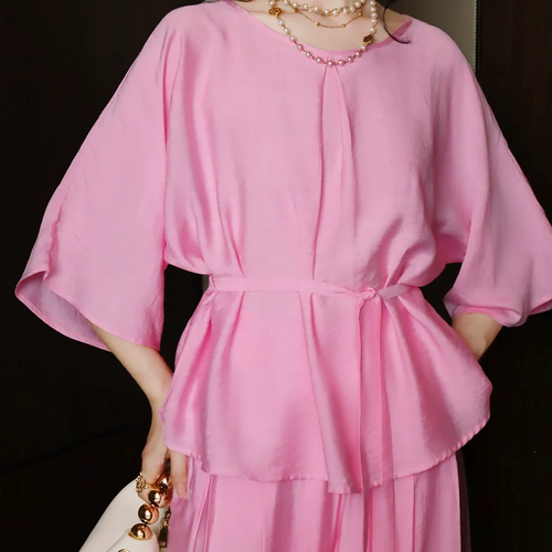 Load image into Gallery viewer, Solid Loose Two Piece Sets for Women Round Neck Half Sleeves Spliced Lace Up Top High Waist Wide Leg Pant Set Female
